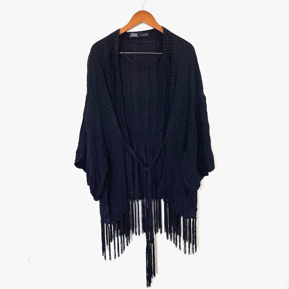 Zara Womens Black Textured Fringe Kimono Size XL Black Cocert Festival Coachella